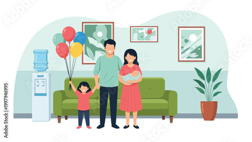 Happy young family celebrating the arrival of a new baby in a cozy living room decorated with colorful balloons and indoor plants.