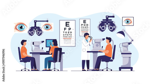 Professional eye examination process at a modern optometry clinic with patients and a doctor using advanced medical equipment.