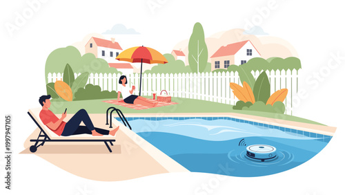 Relaxed people enjoying leisure time by a swimming pool in a backyard while an automated robotic pool cleaner performs maintenance.