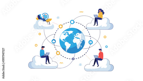 Business professionals working remotely on cloud platforms while connecting to a global network via digital devices and earth illustration.