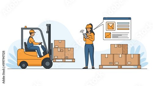 Logistics warehouse workers managing inventory using a forklift and digital tablet for tracking and organization of cardboard boxes.