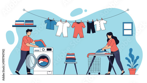 Young couple working together to complete household chores including washing and ironing clothes in a modern laundry room setting.