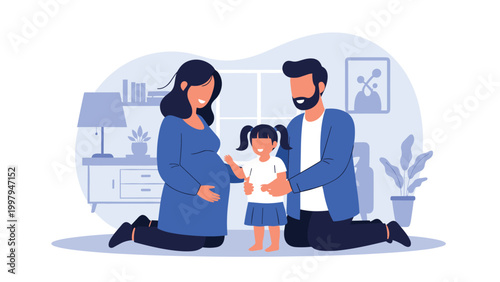 Happy family with a pregnant mother and young daughter bonding together in a warm and inviting home living room setting.