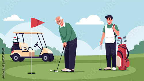 Active senior man practicing his golf swing on a green field with his caddy and a golf cart in a sunny outdoor setting.