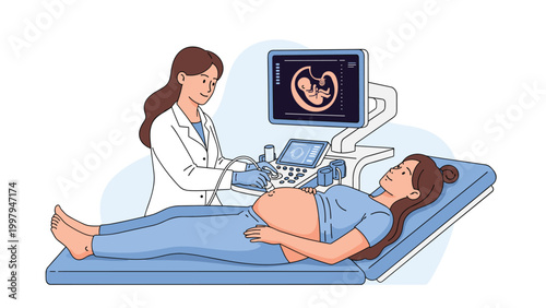 Medical professional performing an ultrasound scan for a pregnant woman in a modern clinical room to check the baby's health.