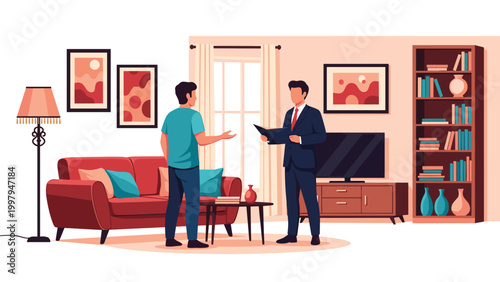 Professional real estate agent showing a modern residential living room to a potential male client during a viewing.