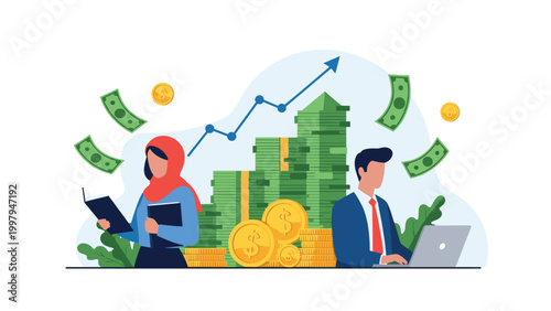 Diverse business professionals analyzing financial growth and profit represented by stacks of money and a rising blue graph.