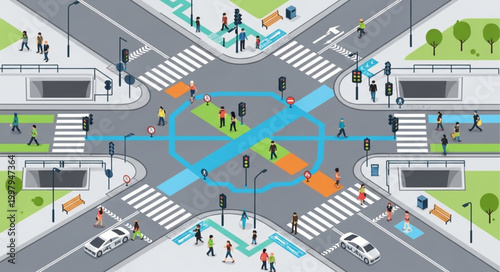 Busy City Intersection with Pedestrians and Vehicles.