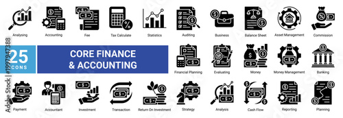 Financial accounting icon set featuring professional line icons for banking,tax,auditing,cash flow,investment,and business finance.Ideal for fintech apps,dashboards,and corporate use.