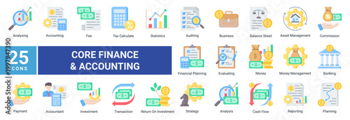Financial accounting icon set featuring professional line icons for banking,tax,auditing,cash flow,investment,and business finance.Ideal for fintech apps,dashboards,and corporate use.