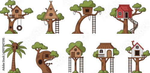 Cute Treehouse and Wooden Cabin on Tree Flat Vector Illustration Set with Ladder Swing and Different Styles Kids Adventure Collection
