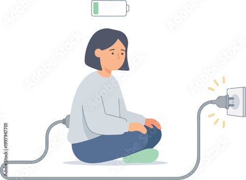 Woman Charging Energy With Battery Icon