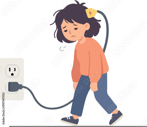 Tired Girl with Power Cord Plugged into Head