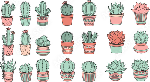 Cute Cactus and Succulent Plant in Decorative Pot Doodle Vector Illustration Set with Pastel Color Indoor Garden Collection