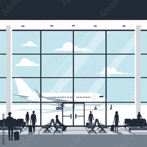 Фотография Airport terminal interior with people and airplane