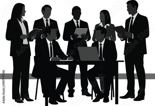 Business meeting with people in formal attire discussing strategies and projects in office environment showing teamwork and corporate collaboration.