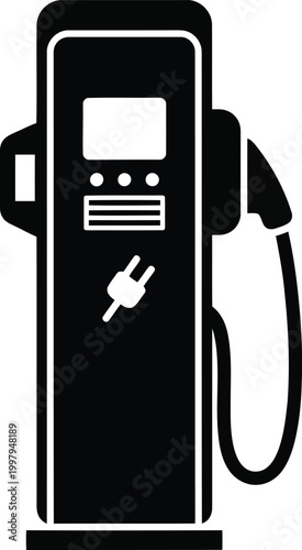 Electric vehicle charging station with plug icon, modern sustainable transport technology.