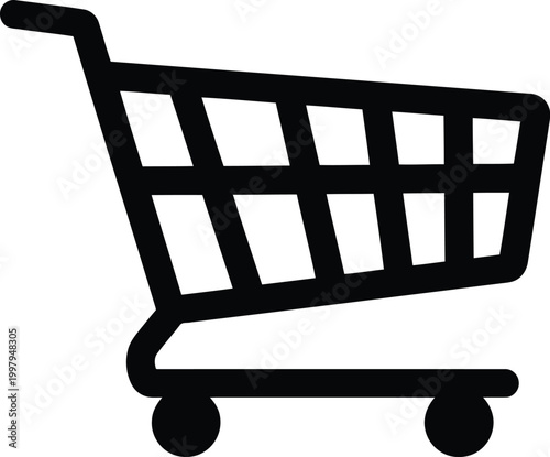Shopping cart with wire basket and wheels for groceries and merchandise in supermarket or store for consumer convenience.