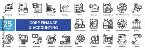 Financial accounting icon set featuring professional line icons for banking,tax,auditing,cash flow,investment,and business finance.Ideal for fintech apps,dashboards,and corporate use.