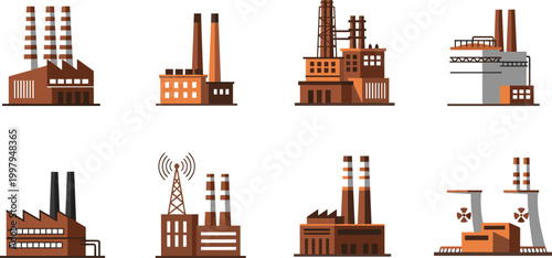 Industrial Factory and Power Plant Flat Vector Illustration Set with Chimney Smoke Tower and Manufacturing Building Architecture Collection