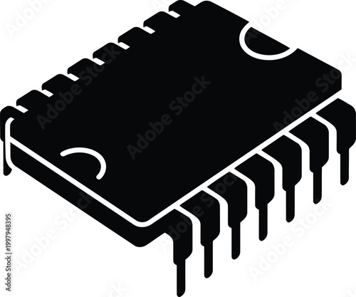 Black isometric silhouette of a computer chip processor with multiple pins on a transparent background.