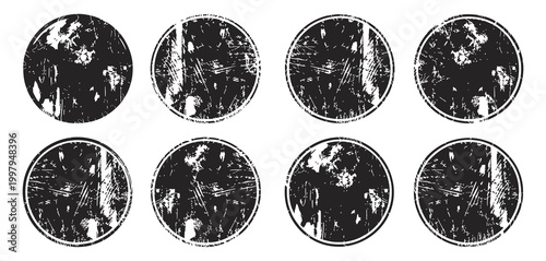 Black Grunge Ink Stamp Circles Set, Distressed Round Shape Stamp Collection Isolated on White Background, Vintage Badge Seal Templates for Ink, Label, and Logo Vector Design