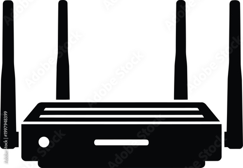 Black silhouette of a modern wireless router with four antennas and glowing indicator lights on gray background.