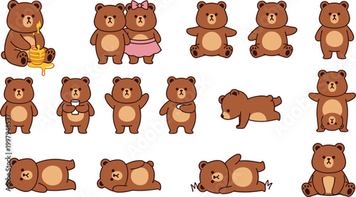 Cute Brown Bear Cartoon Character with Different Poses and Expressions Vector Illustration Set with Funny Adorable Animal Activity Collection