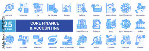 Financial accounting icon set featuring professional line icons for banking,tax,auditing,cash flow,investment,and business finance.Ideal for fintech apps,dashboards,and corporate use.