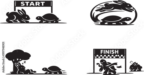 Rabbit and turtle race silhouettes depicting the fable s progress start and finish