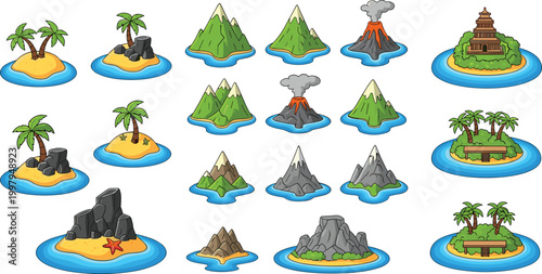 Isometric Island and Mountain Flat Vector Illustration Set with Tropical Palm Tree Volcano Ruins and Ocean Adventure Game Collection