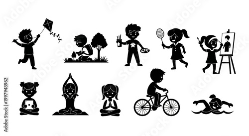 Set of Silhouette Icons Featuring Children Engaged in Various Hobbies and Activities