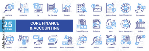 Financial accounting icon set featuring professional line icons for banking,tax,auditing,cash flow,investment,and business finance.Ideal for fintech apps,dashboards,and corporate use.