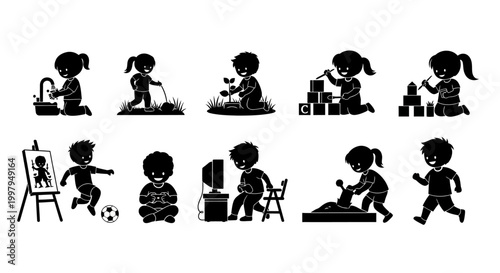 Set of Children Activities Silhouette Icons
