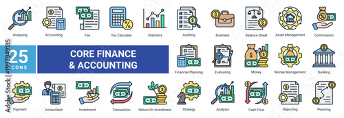 Financial accounting icon set featuring professional line icons for banking,tax,auditing,cash flow,investment,and business finance.Ideal for fintech apps,dashboards,and corporate use.