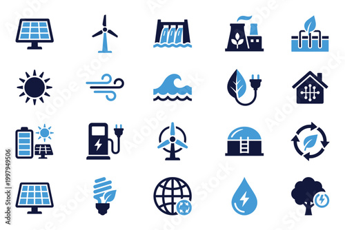 Renewable energy and eco friendly power source icons set featuring solar panels vector illustration.