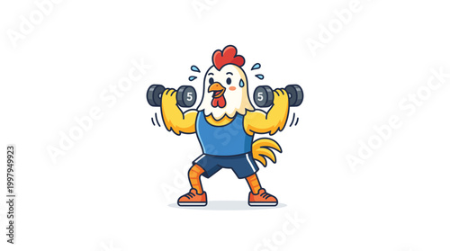 Funny Cartoon Chicken Mascot Working Out with Dumbbells - Vector Illus