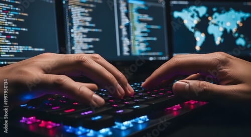 Close-up of hands typing on a glowing colorful keyboard in front of multiple computer monitors displaying code and a world map, suggesting data analysis, programming, or cybersecurity operations.