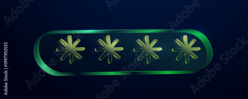 3D glass password pin field with glowing green asterisks