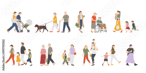 多世代の人々が歩く日常生活のイラストセット