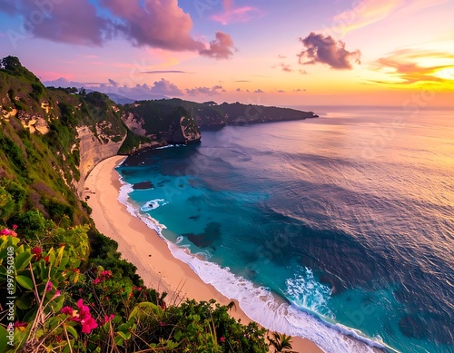 A serene tropical beach at sunset with vibrant sky and lush greenery