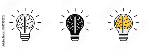 Brain Lightbulb Icons in Vector Style, Creative Idea Symbol Featuring Human Mind and Light Bulb in Line, Fill, and Color Design