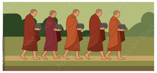 Minimalist Buddhist Monks Alms Round Illustration - Spiritual Morning Ritual in Southeast Asia