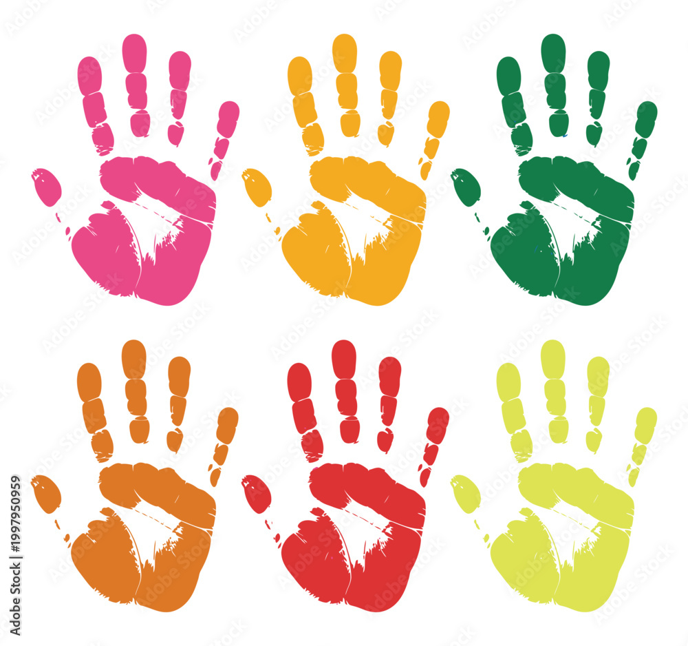Fototapeta premium Six Colorful Hand prints in Grid Pattern, Bright Multicolor Paint Hand Print Collection for Kids Art, Creative Education, Diversity Concept, Isolated Vector Illustration