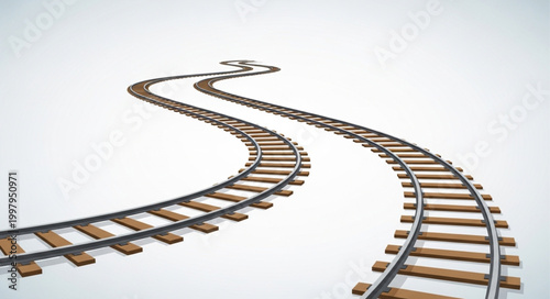 Curving train tracks disappearing into the distance on a white background.