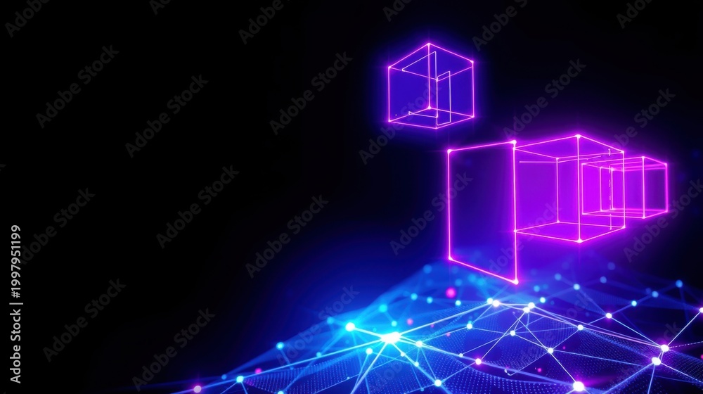 Fototapeta premium Abstract neon cubes float above glowing network. Digital connections form base, futuristic design. Dark background emphasizes bright lines.