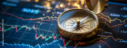 Vintage brass compass placed on top of detailed financial trading chart showing market fluctuations with glowing bokeh light highlights symbolizing navigation in stock economy.