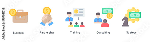 Business consulting icon set featuring partnership,training,consulting,and strategy icons.Ideal for corporate and professional services.