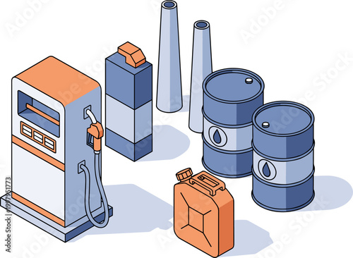 Isometric gas station with fuel barrels and canister in blue and orange industrial style for business finance