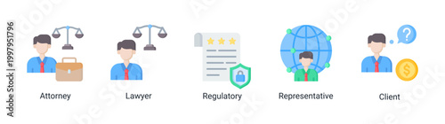 Legal service icon set with lawyer,client,and regulatory icons.Perfect for law firms and corporate legal services.